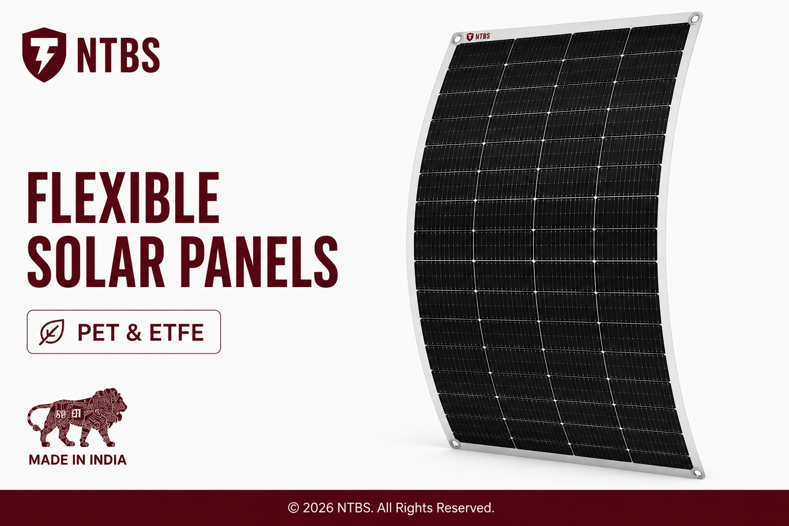 NTBS flexible solar panels with PET and ETFE surface for marine, caravan and rooftop use, made in India