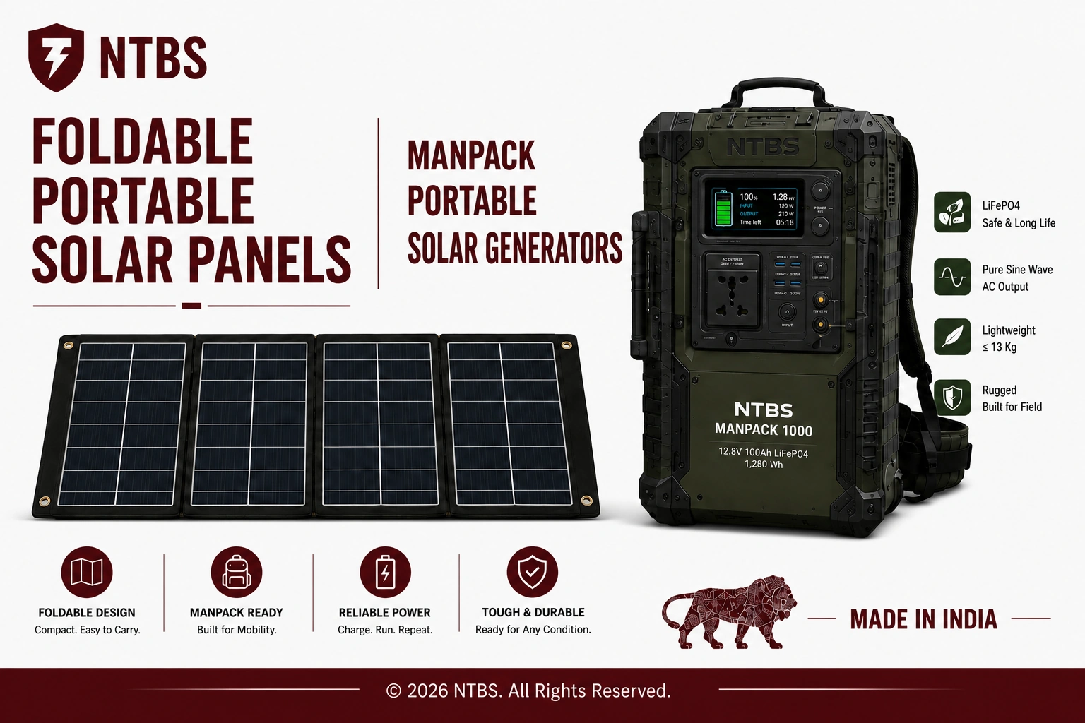 NTBS foldable portable solar panels and manpack solar generators for field and off-grid deployment, made in India